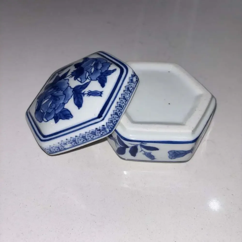 Vintage Blue and White Porcelain Hexagonal Chinoiserie Floral Trinket Box